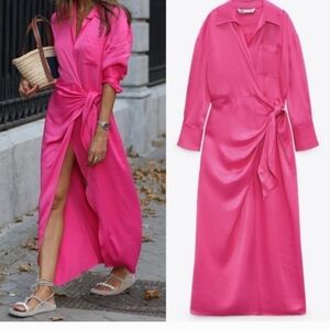 Zara LIMITED EDITION PINK SATIN SHIRT DRESS TIE DETAIL FUCHSIA Large bloggers